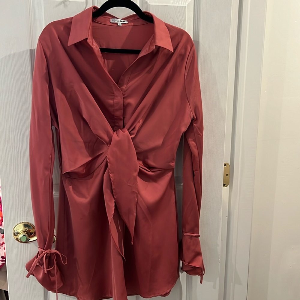 NWOT satin tie waist mini dress/shirt